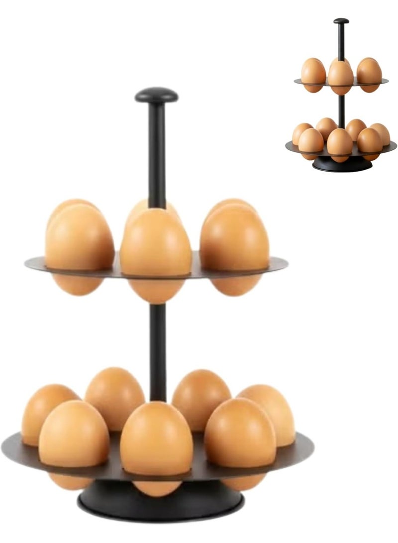 حامل بيض معدني مزدوج الطبقات غير دوار - منظم تخزين بيض دائري موفر للمساحة لسطح المطبخ أو الثلاجة - يتسع لـ 12 بيضة - تصميم أسود أنيق - Image 1